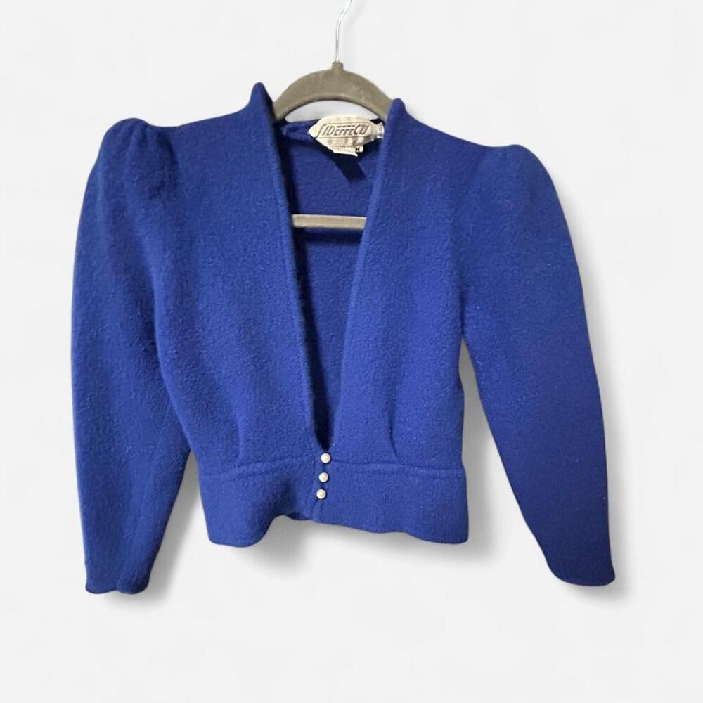 XS blue vintage cropped wool cardigan with faux pearl button angora lambswool